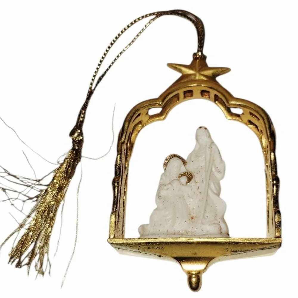 Vintage Lenox Holy Family Nativity Christmas Ornament Gold Tone Manger